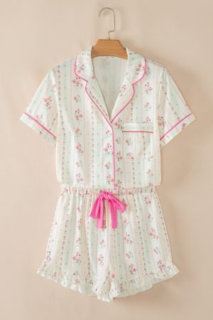 Beige Floral Print Contrast Pipping Short Pajamas Set - Image 3