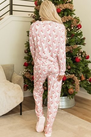 Pink Santa Claus Striped Print Loose Fit Two Piece Lounge Set - Image 3