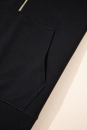 Black Textured Half Zip Kangaroo Pocket Top Drawstring Shorts Set - Image 6