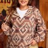 Red Plus Size Western Fashion Aztec Patterned Half Zip High Neck Hoodie