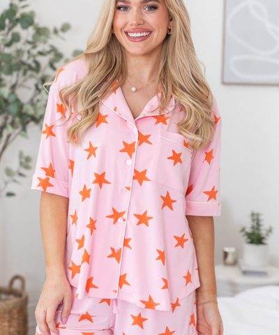 Pink Stars Short Sleeve Shirt and Shorts Bamboo Pajama Set