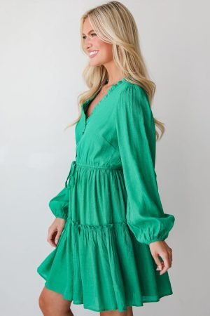 Alternative view of Sea Green Frilly V Neck Puff Sleeve Drawstring Shift Mini Dress