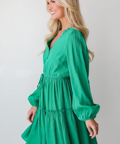 Sea Green Frilly V Neck Puff Sleeve Drawstring Shift Mini Dress