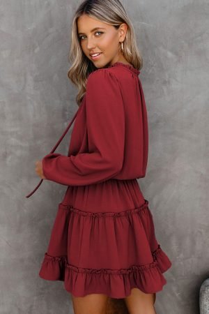 V Neck Long Sleeve Ruffle Tiered Mini Dress - Image 6