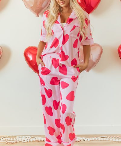 Pink Classic Heart Valentines Short Sleeve Pants Pajamas Set