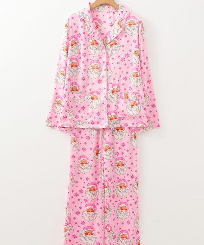 Pink Santa Claus Snowflake Long Sleeve Shirt Christmas Pajama Set