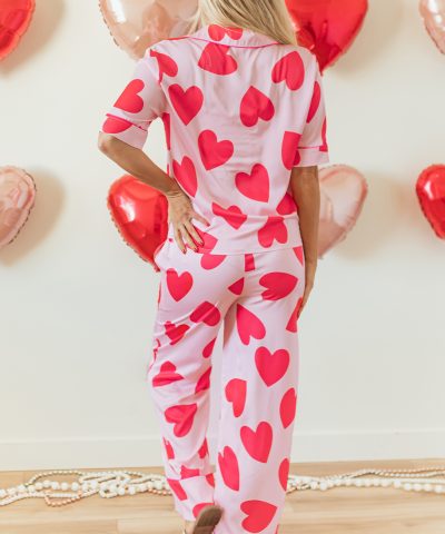 Pink Classic Heart Valentines Short Sleeve Pants Pajamas Set