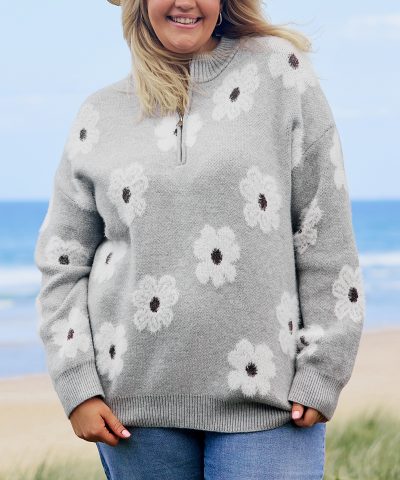 Gray Plus Size Embroidered Floral Pattern Half Zip Sweater
