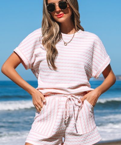 Pink Stripe Knitted Short Sleeve Top and Drawstring Shorts Set