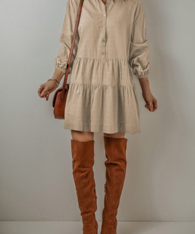 Tan Puff Sleeve Buttoned Tiered Pleated Shirt Mini Dress