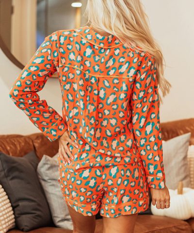 Orange Leopard Print Long Sleeve Shirt and Shorts Pajama Set