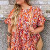 Orange Floral Printed Ruffle Sleeve Curvy Babydoll Blouse