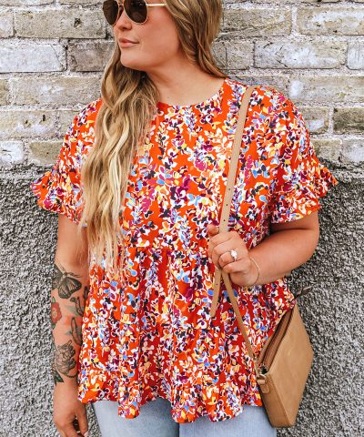 Orange Floral Printed Ruffle Sleeve Curvy Babydoll Blouse