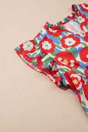 Red Plus Size Floral Print Ruffle Trim Split Neck Peplum Top - Image 7