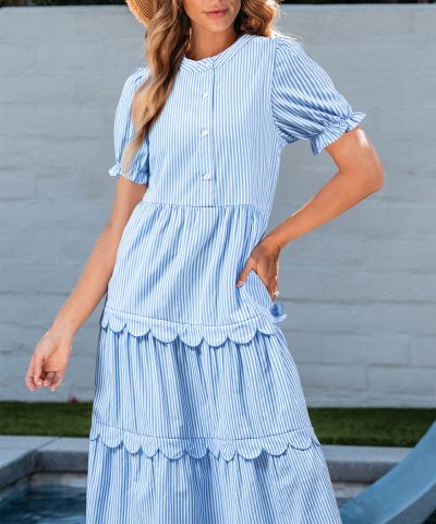 Sky Blue Stripe Bubble Short Sleeve Tiered Scallop Long Dress