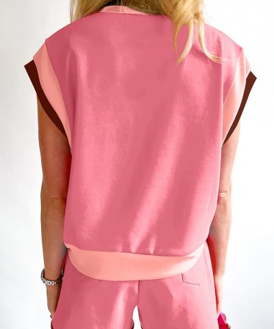 Peach Blossom Contrast Trim Cap Sleeve Tee Shorts Set