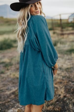 Blue Corduroy Snap Buttons Empire Waist Bracelet Sleeve Dress - Image 5
