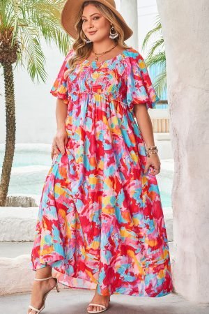 Rose Abstract Printed Puff Sleeve Square Neck Smocked Bust Tied Back Plus Size Dress - Image 4