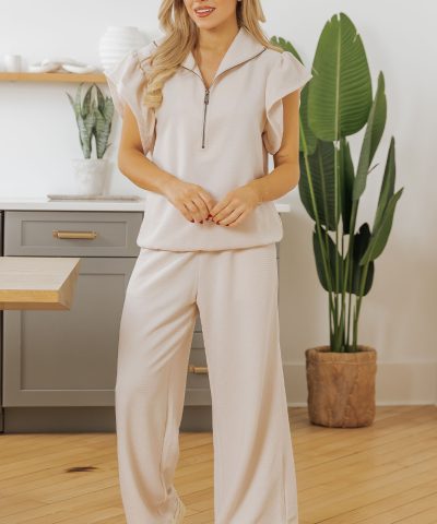 Apricot Textured Ruffled Sleeve Zipped Top and Wide Leg Pants Set