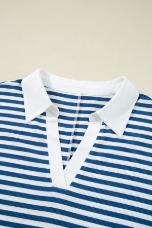 Blue Stripe Short Sleeve Collared V Neck Top Plus Size Short Set - Image 7