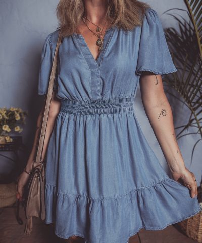 Ashleigh Blue Ruffled V Neck Smocked High Waist Denim Mini Dress