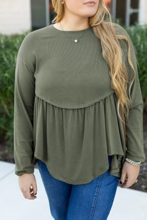Mist Green Plus Size Thermal Knitted Babydoll Flare Top - Image 5