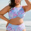 Sky Blue Plus Size Floral Print Twisted High Waist Bikini Set