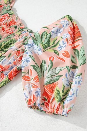 Apricot Pink Floral Smocked Bust Bubble Short Sleeve Maxi Dress - Image 10