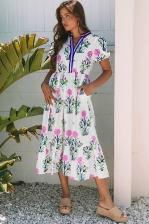 White Floral Puff Short Sleeve V Neck High Waist Maxi Dress - Image 5