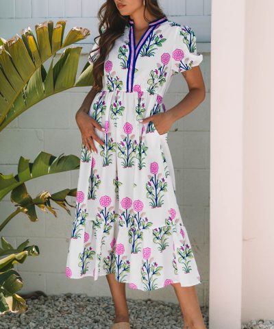 White Floral Puff Short Sleeve V Neck High Waist Maxi Dress
