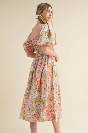 Alternative view of Apricot Pink Floral Smocked Bust Bubble Short Sleeve Maxi Dress