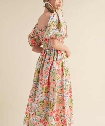 Apricot Pink Floral Smocked Bust Bubble Short Sleeve Maxi Dress