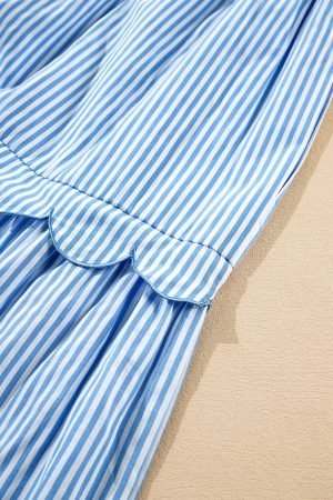Sky Blue Stripe Bubble Short Sleeve Tiered Scallop Long Dress - Image 10