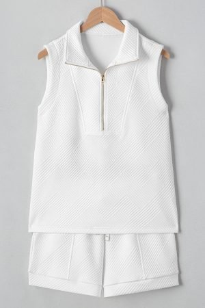 White Textured Half Zip Tank Top Drawstring Shorts Set - Image 8