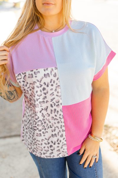 Rose Red Leopard Colorblock Patchwork Corded Knit Plus Size T Shirt