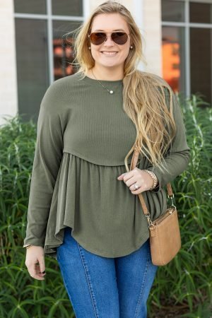 Mist Green Plus Size Thermal Knitted Babydoll Flare Top - Image 2