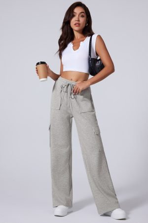 Light Grey Multi Pockets Lace-up High Waist Wide Leg Workout Pants - Image 5