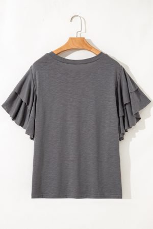 Dark Grey Double Ruffled Short Sleeve Plus Size Top - Image 4
