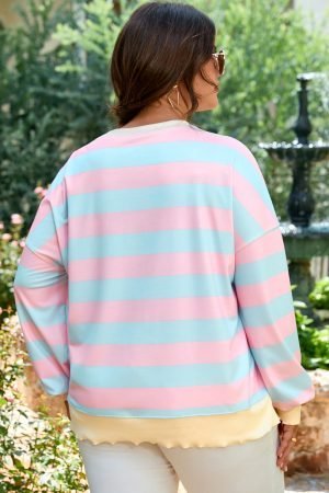 Sky Blue Stripe Drop Shoulder Crewneck Plus Size Sweatshirt - Image 2