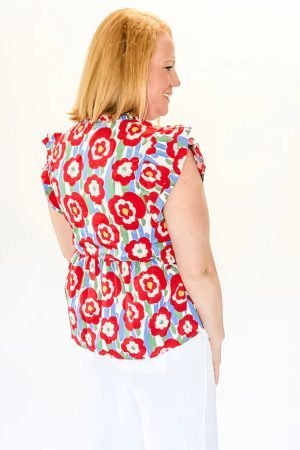 Red Plus Size Floral Print Ruffle Trim Split Neck Peplum Top - Image 2