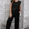 Black Cable Knit Contrast Trim Short Sleeve Top and Pants Set