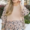 Beige Faux Two Piece Knit Patchwork Floral Print Plus Size Top