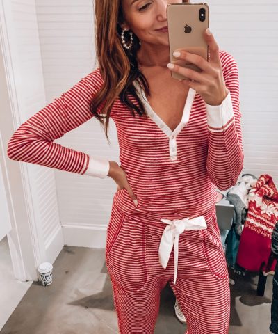 Red Stripe Buttoned V Neck Top and Knotted Waist Pants Lounge Set