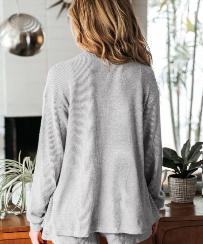 Light Grey 3 Pieces Rib Crop Camisole Matching Shorts Lounge Set with Cardigan
