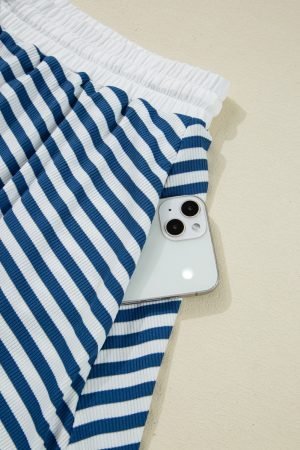 Blue Stripe Short Sleeve Collared V Neck Top Plus Size Short Set - Image 9