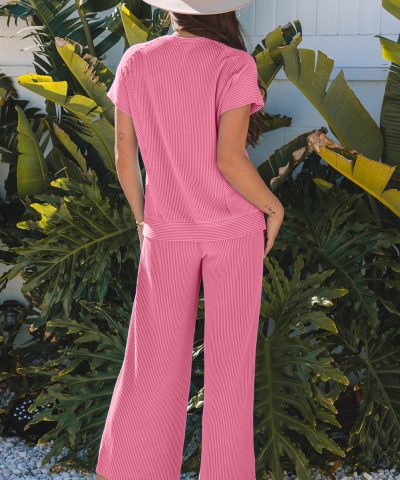 Bright Pink Solid Corded Knit Short Sleeve T Shirt and Wide Leg Pants Set