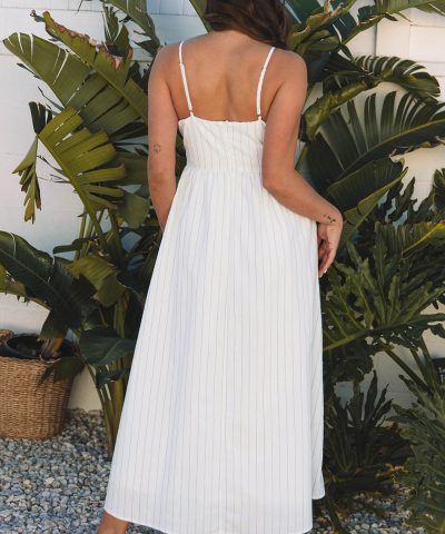 Beige Stripe Spaghetti Strap Pocketed High Waist Maxi Dress
