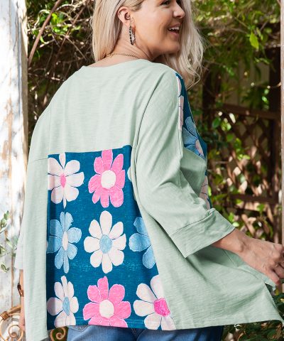 Green Plus Size Flower Patchwork High Low Top