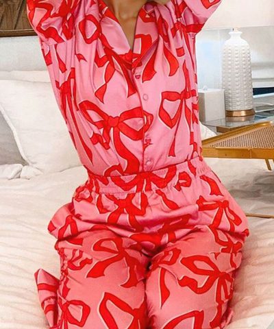 Pink 2pcs Bow Print Shirt Style Long Sleeve Pajama Set