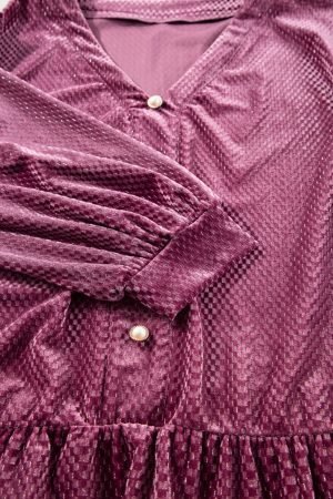 Meadow Mauve Plus Size Textured Velvet Tiered Buttons Tiered Dress - Image 7